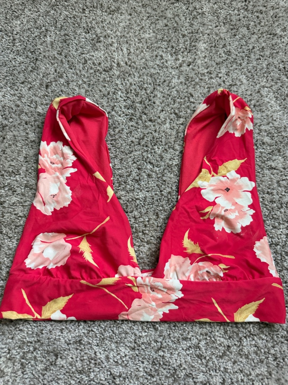 Floral Deep V Bikini Top in Red and Pink